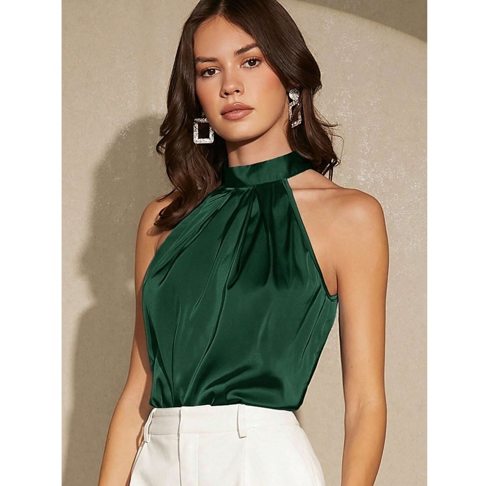 Dark Green Satin Halter Blouse Top - Picture 5 of 8